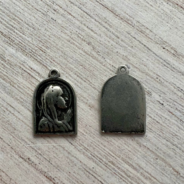 Load image into Gallery viewer, 2 Arched Mary Medal, Catholic Religious Pendant, Blessed Mother, Antiqued Silver Jewelry Charm, PW-6237
