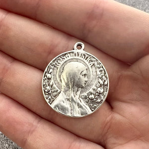 Rosa Mystica Mary Medal, Art Nouveau Medal, Antiqued Silver Religious Jewelry Making Charm Pendant, Catholic Jewelry, SL-6246