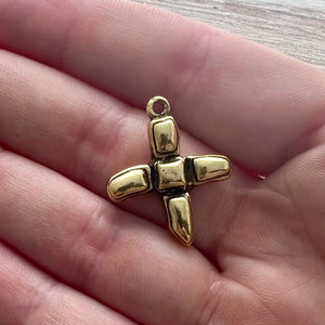 Artisan Geometric Cross Charm, Small Blocky Antiqued Gold Modern Pendant, GL-6253
