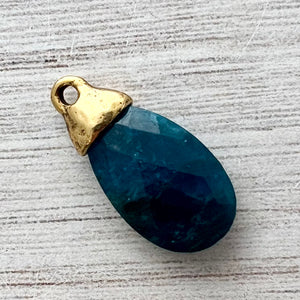 Apatite Pear Briolette Drop Pendant with Gold Bead Cap, Jewelry Making Artisan Findings, GL-S036