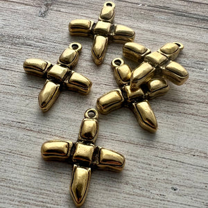 Artisan Geometric Cross Charm, Small Blocky Antiqued Gold Modern Pendant, GL-6253