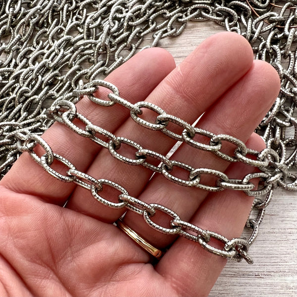 Load image into Gallery viewer, Textured Chunky Chain, Large Oval Cable Rectangle Links, Antiqued Pewter Bulk Chain By Foot, Necklace Bracelet, PW-2041
