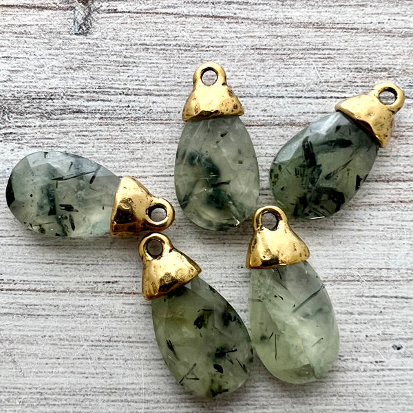 Load image into Gallery viewer, Prehnite Gemstone, Green Pear Briolette Drop Pendant with Gold Bead Cap, Jewelry Making Artisan Findings, GL-S037

