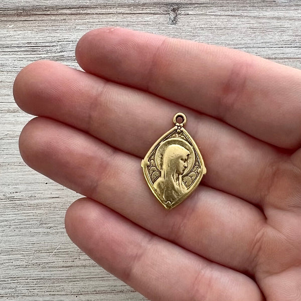 Load image into Gallery viewer, Mary Medal, Our Lady of Lourdes, Diamond Shaped Catholic Necklace, Religious Charm, Gold French Charm, Christian Jewelry GL-6238
