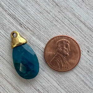 Apatite Pear Briolette Drop Pendant with Gold Bead Cap, Jewelry Making Artisan Findings, GL-S036