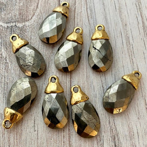 Pyrite Pear Faceted Briolette Drop Pendant with Gold Pewter Bead Cap, Jewelry Making Artisan Findings, GL-S026