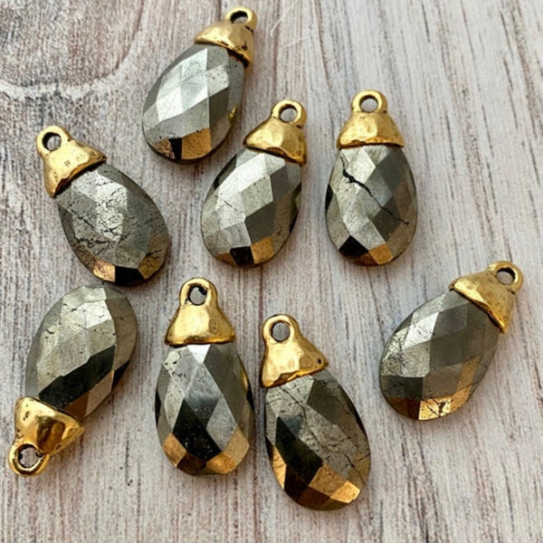Load image into Gallery viewer, Pyrite Pear Faceted Briolette Drop Pendant with Gold Pewter Bead Cap, Jewelry Making Artisan Findings, GL-S026
