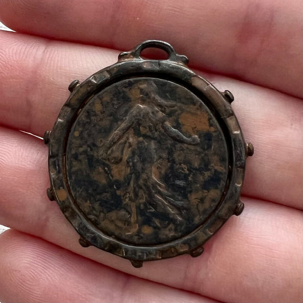 Load image into Gallery viewer, Large Old French Marianne the Sower, Dotted Coin Replica, Antiqued Brown Charm Pendant, Woman Lady Coin, Jewelry Supplies, BR-6240
