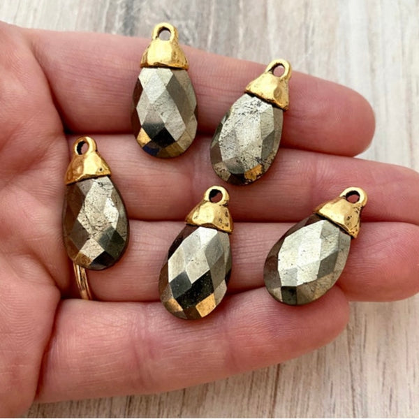 Load image into Gallery viewer, Pyrite Pear Faceted Briolette Drop Pendant with Gold Pewter Bead Cap, Jewelry Making Artisan Findings, GL-S026
