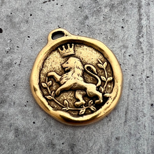 Large Soldered Lion Pendant, Royal Heraldry Charm, Artisan Jewelry Components Supplies, GL-6232