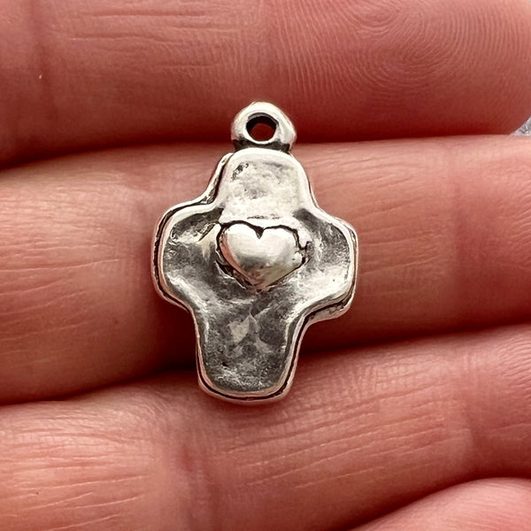 Load image into Gallery viewer, Petite Cross with Heart, Small Silver Rounded Charm, SL-6254
