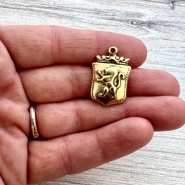Load image into Gallery viewer, Lion Shield, Heraldry, Strength Talisman, Antiqued Gold Charm, Jewelry Making, GL-6230
