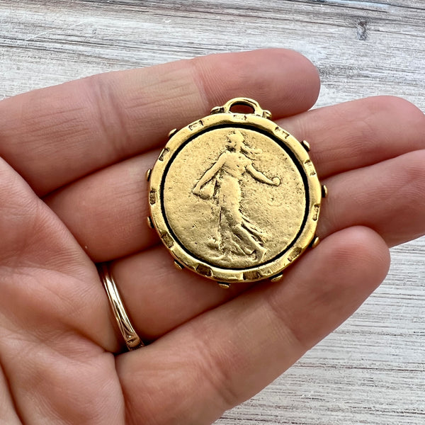 Load image into Gallery viewer, Large Old French Medal Large Old French Marianne the Sower, Dotted Coin Replica, Antiqued Gold Charm Pendant, Woman Lady Coin, Jewelry Supplies, GL-6240

