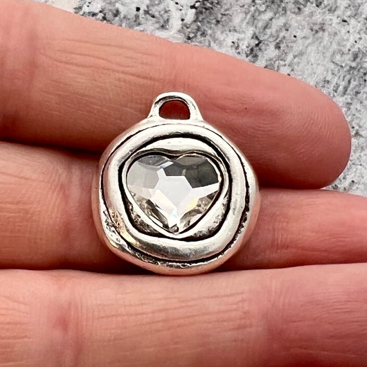 Heart Crystal Rhinestone Charm, Silver Artisan Pendant for Jewelry, SL-S033