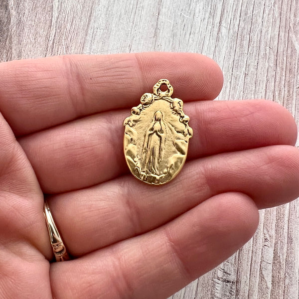 Load image into Gallery viewer, Mary Medal, Our Lady of Lourdes Bow, Gold Flower Ribbon Pendant, Religious Charm, GL-6248
