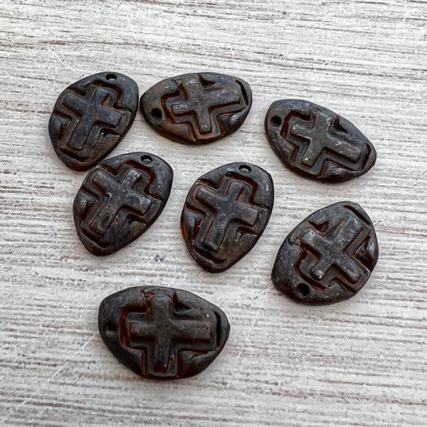 Load image into Gallery viewer, 2 Hammered Small Cross Charm, Rustic Brown Artisan Cross, Religious, Spiritual Jewelry Making, BR-6226
