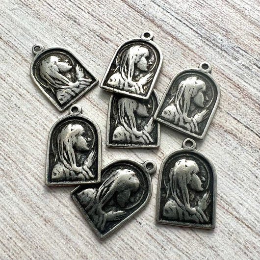 2 Arched Mary Medal, Catholic Religious Pendant, Blessed Mother, Antiqued Silver Jewelry Charm, PW-6237