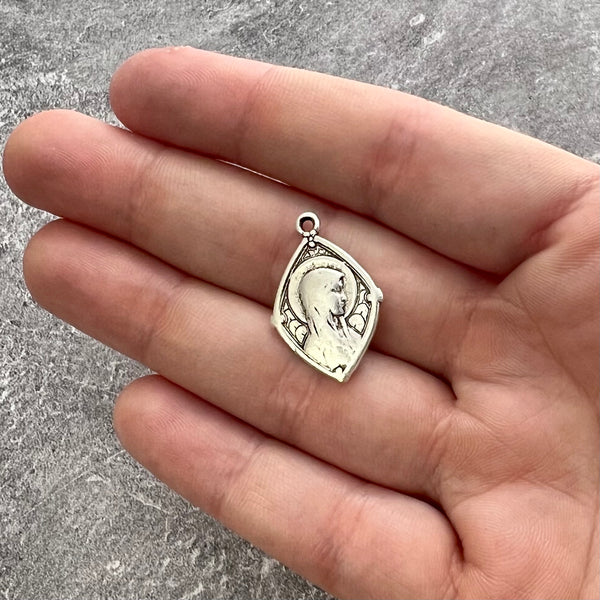 Load image into Gallery viewer, Mary Medal, Our Lady of Lourdes, Diamond Shaped Catholic Necklace, Religious Charm, Silver French Charm, Christian Jewelry SL-6238
