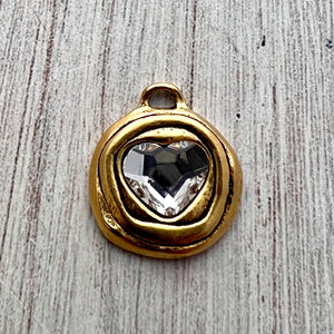 Heart Crystal Rhinestone Charm, Antiqued Gold Artisan Pendant for Jewelry, GL-S033