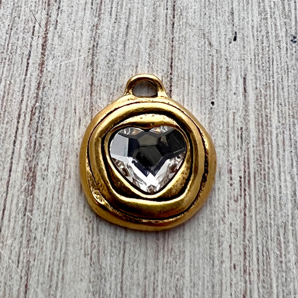 Load image into Gallery viewer, Heart Crystal Rhinestone Charm, Antiqued Gold Artisan Pendant for Jewelry, GL-S033
