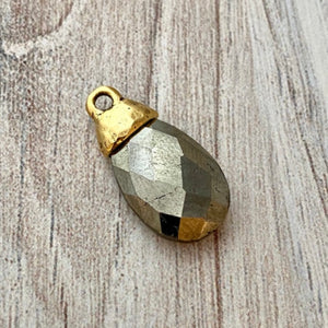 Pyrite Pear Faceted Briolette Drop Pendant with Gold Pewter Bead Cap, Jewelry Making Artisan Findings, GL-S026