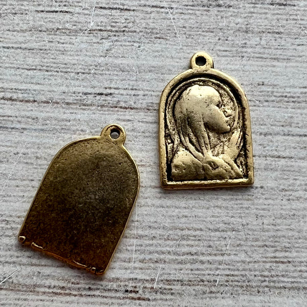 Load image into Gallery viewer, 2 Arched Mary Medal, Catholic Religious Pendant, Blessed Mother, Antiqued Gold Jewelry Charm, GL-6237

