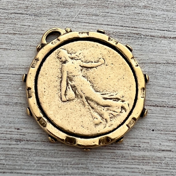 Load image into Gallery viewer, Large Old French Medal Large Old French Marianne the Sower, Dotted Coin Replica, Antiqued Gold Charm Pendant, Woman Lady Coin, Jewelry Supplies, GL-6240
